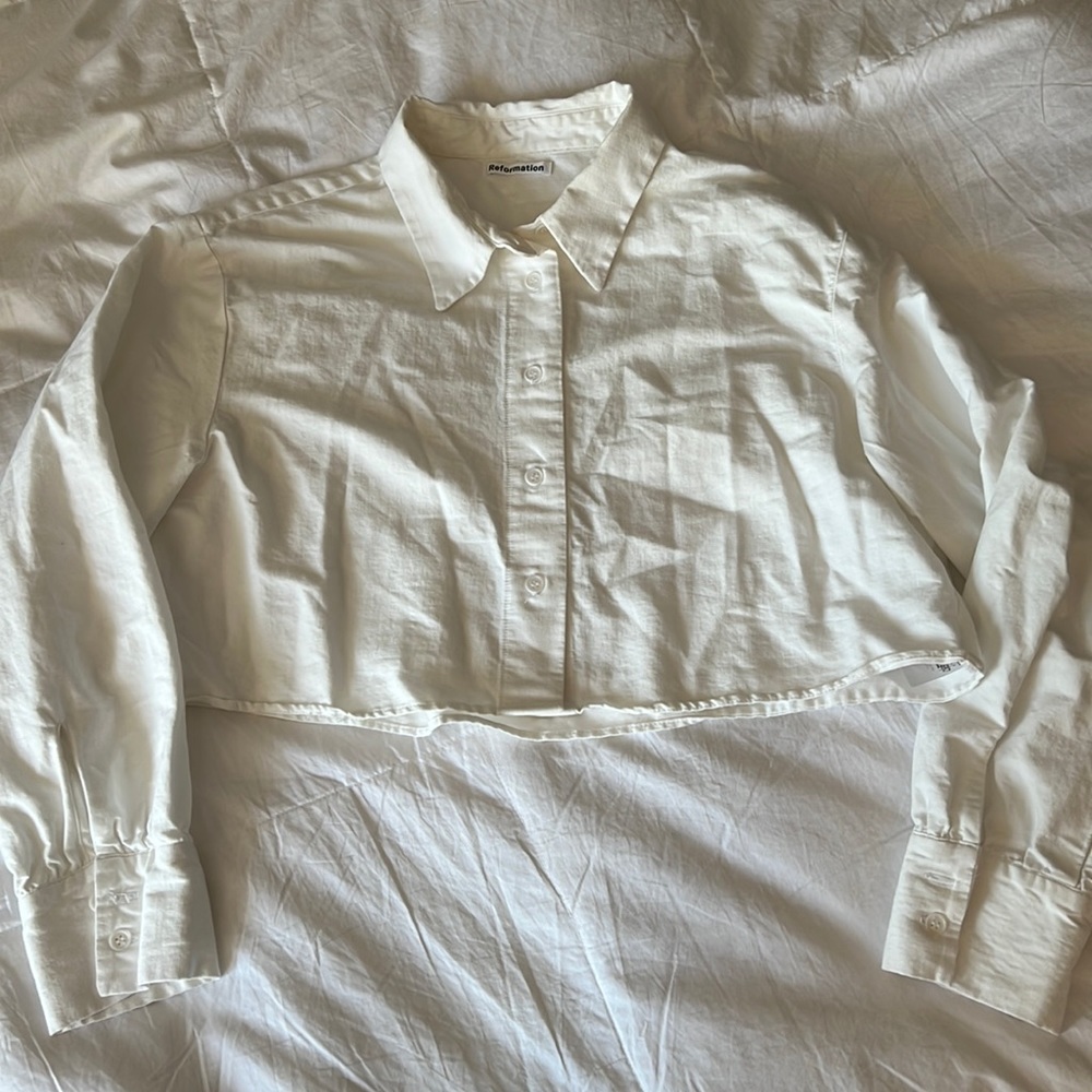 Reformation White Cotton Boxy Crop Button Up